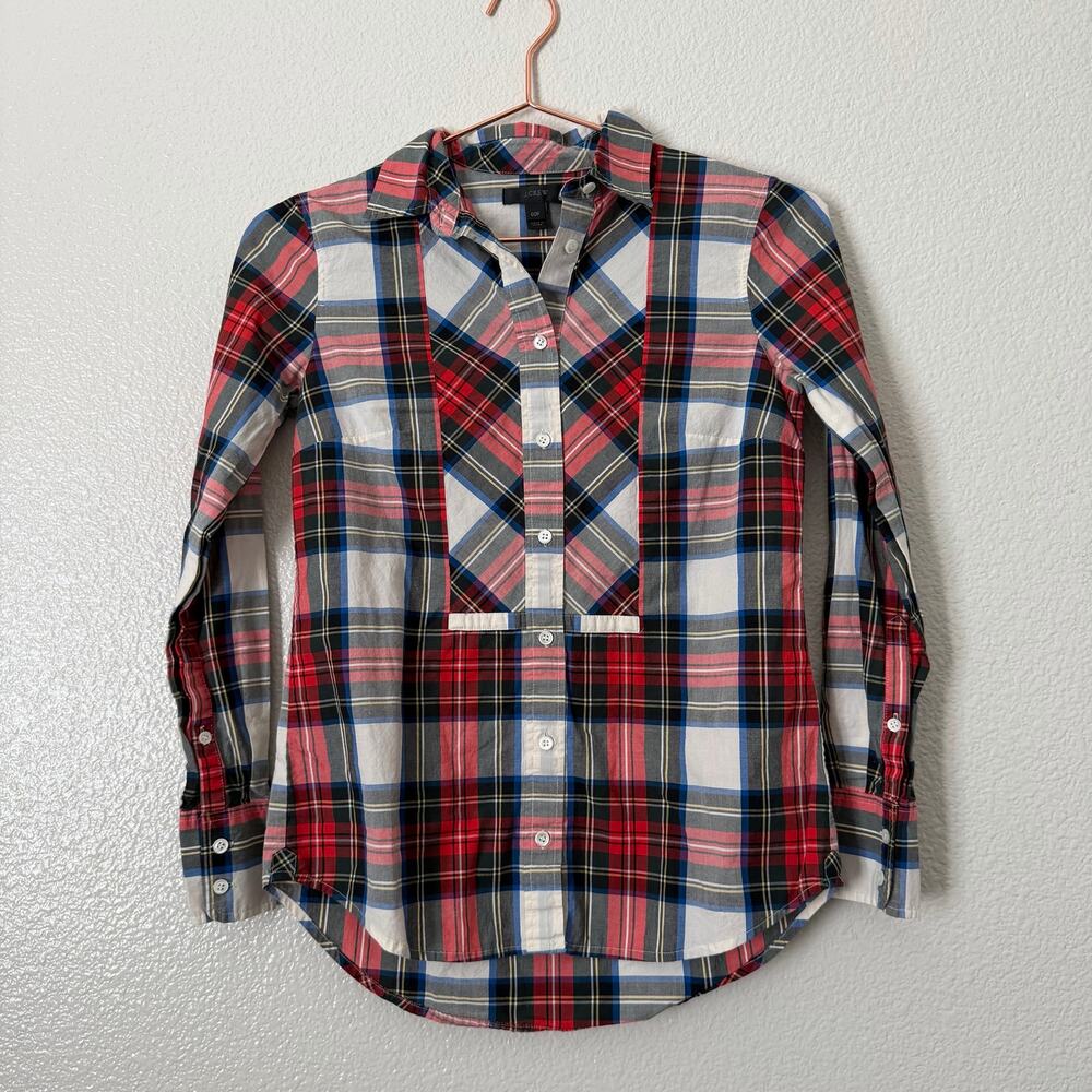 J Crew holiday tartan plaid button up shirt red white black blue long sleeve
